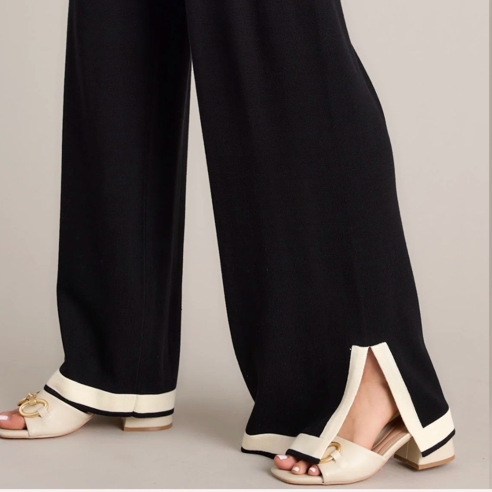 Black Knit Two-Piece Lounge Set with Cream Trim Wide Leg Pants Size XL - Picture 3 of 16